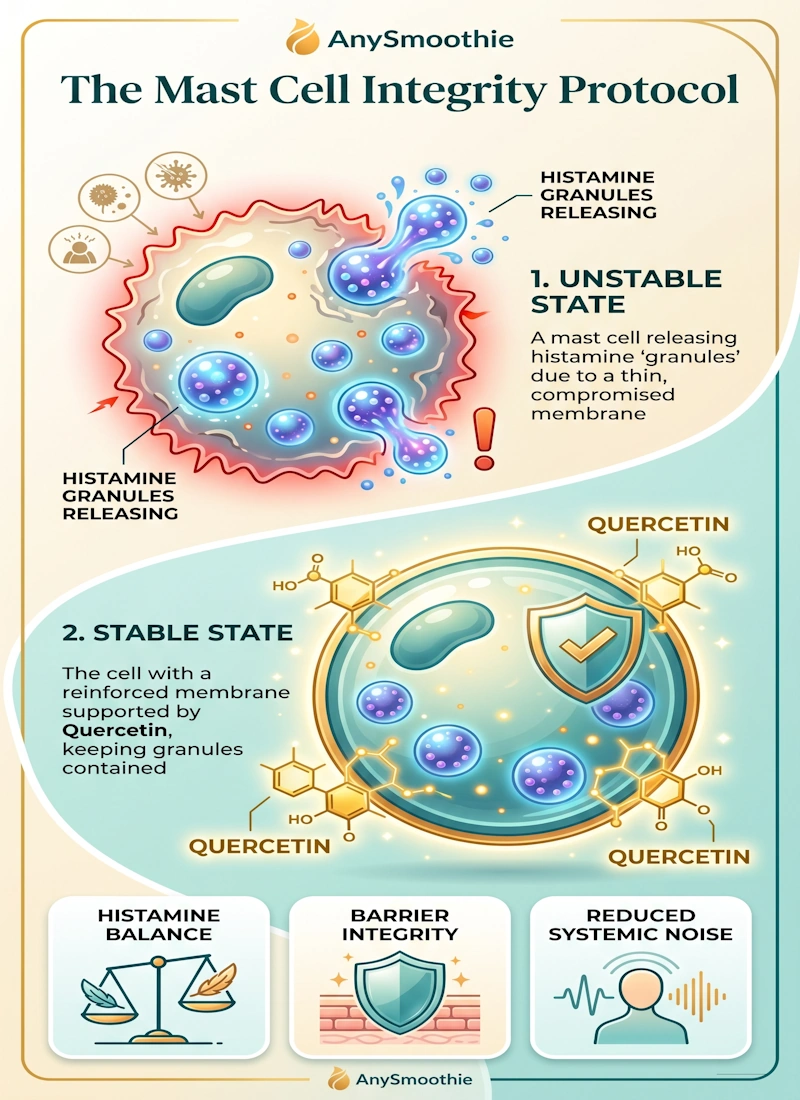 Professional infographic titled 'The Mast Cell Integrity Protocol' by AnySmoothie. It illustrates a two-state process: an unstable mast cell releasing granules and a stable state with a reinforced membrane supported by quercetin molecules. Includes icons for histamine balance, barrier integrity, and reduced systemic noise in electric gold and medical teal.