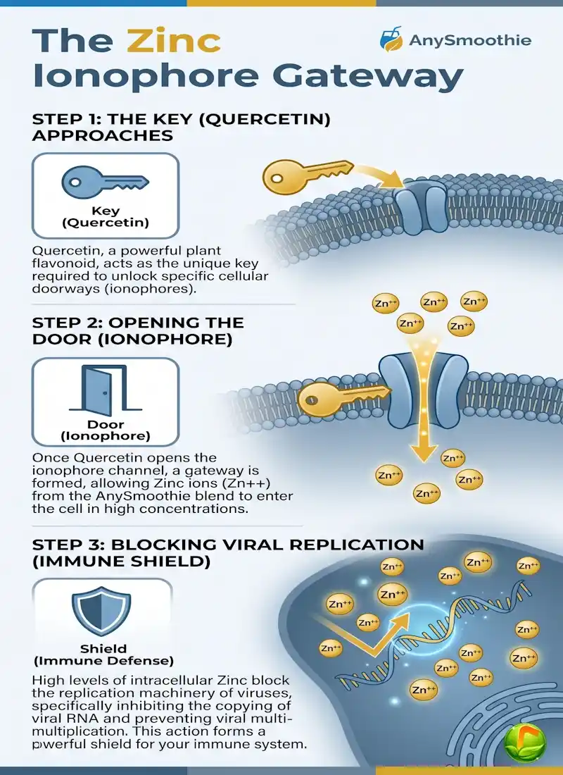 Infographic titled The Zinc Ionophore Gateway by AnySmoothie, illustrating how Quercetin acts as a key to open cell channels for Zinc ions to enter and block viral RNA replication.