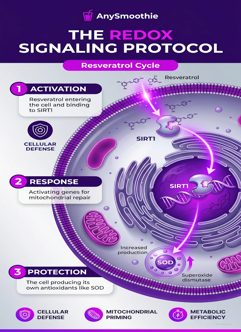 Professional vertical infographic for AnySmoothie titled 'The Redox Signaling Protocol' showing the 3-step Resveratrol Cycle: cellular activation via SIRT1 binding, mitochondrial repair response, and endogenous antioxidant protection (SOD) in deep violet and silver tones.