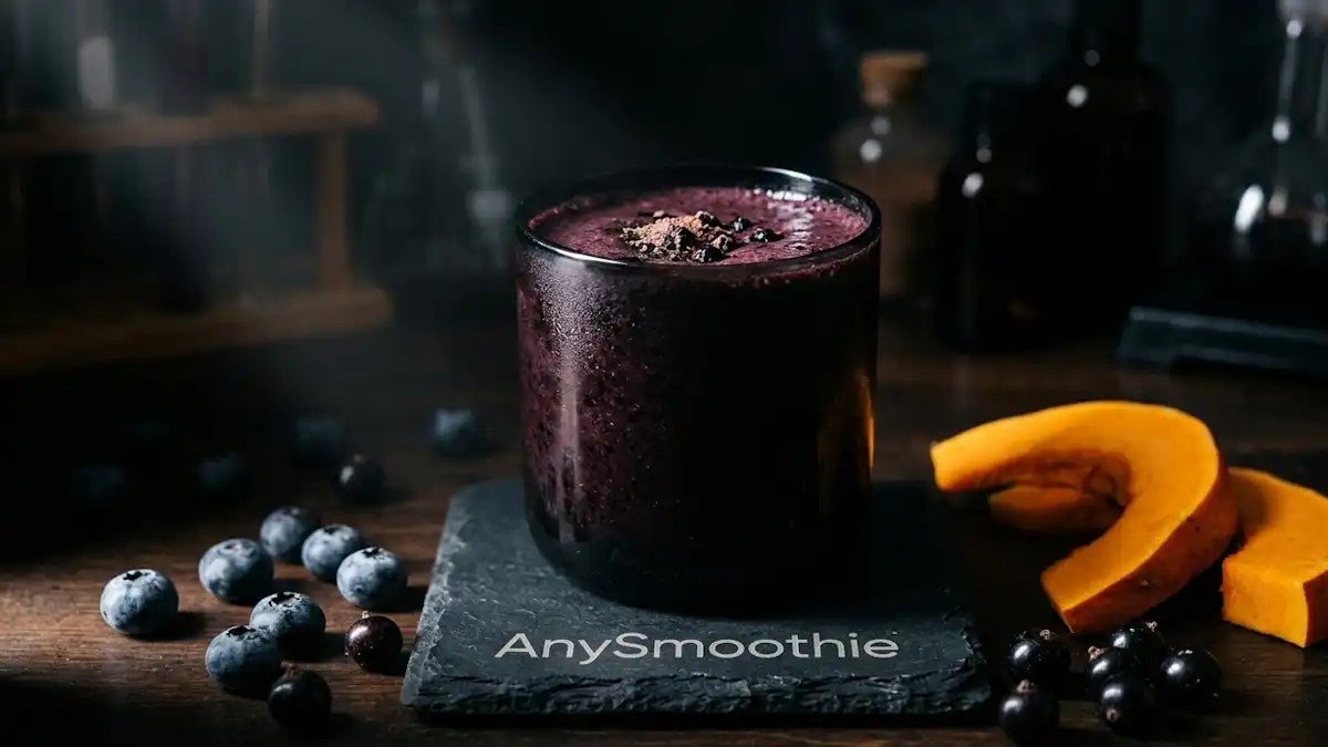 Close-up of AnySmoothie deep purple berry and pumpkin smoothie on a laser-etched slate coaster, designed to optimize natural pathways for rhodopsin regeneration and night vision support.