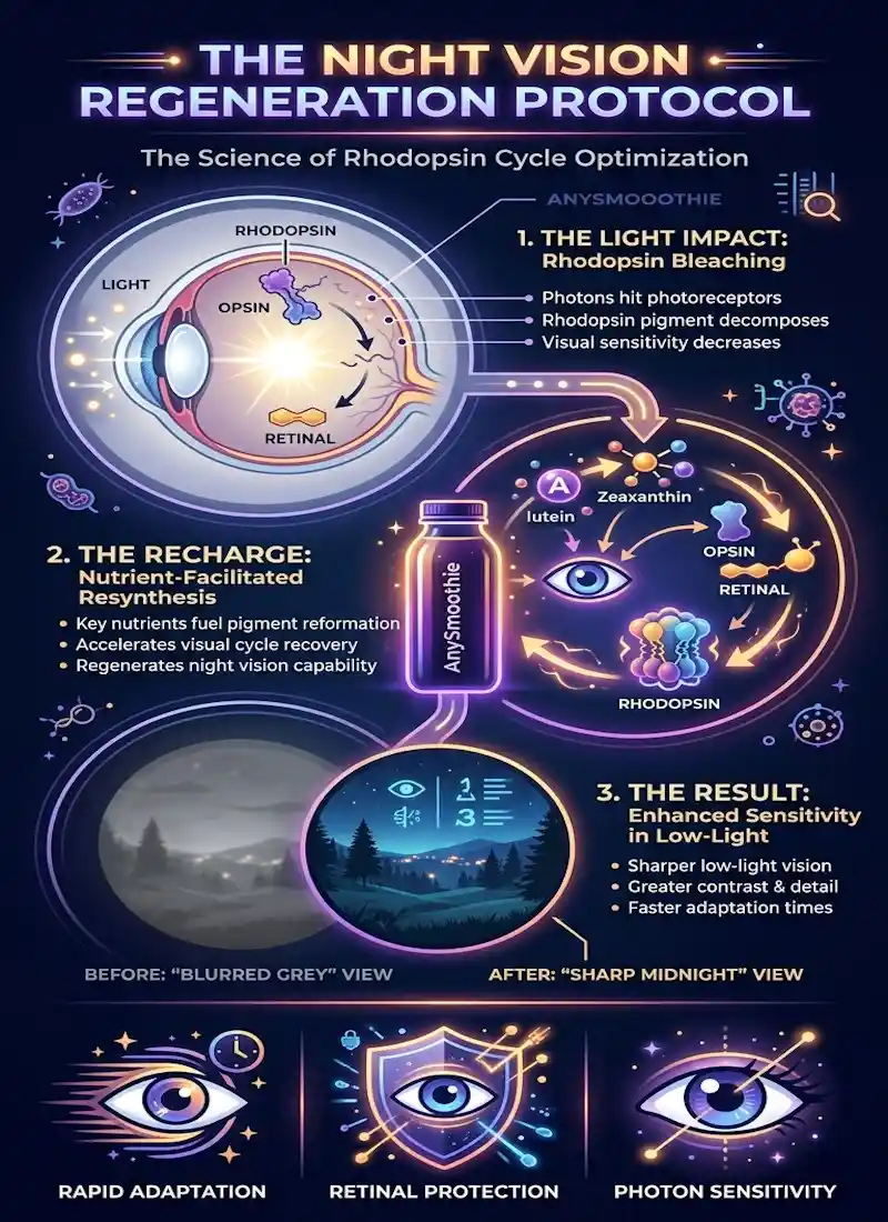 Infographic titled "The Night Vision Regeneration Protocol" for AnySmoothie, detailing the biochemical Rhodopsin Cycle including pigment bleaching, nutrient-facilitated resynthesis, and enhanced low-light photon sensitivity using a midnight blue and neon violet color palette.