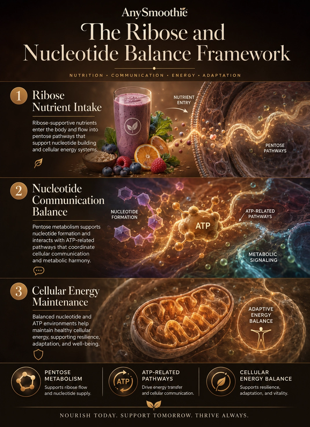 Premium wellness-science infographic illustrating ribose smoothies for nucleotide synthesis, ATP-related metabolic pathways, pentose metabolism, and adaptive cellular energy balance with cinematic intracellular visuals and mitochondrial communication environments.