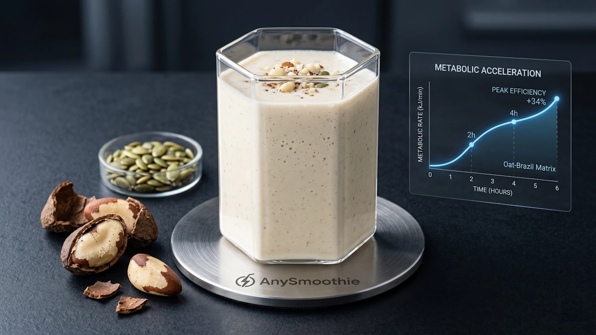 A high-performance oat milk and Brazil nut selenium smoothie for T4 to T3 conversion support, served in a geometric glass on a laser-etched AnySmoothie titanium coaster next to cracked raw Brazil nuts, pumpkin seeds, and a digital metabolic acceleration graph.