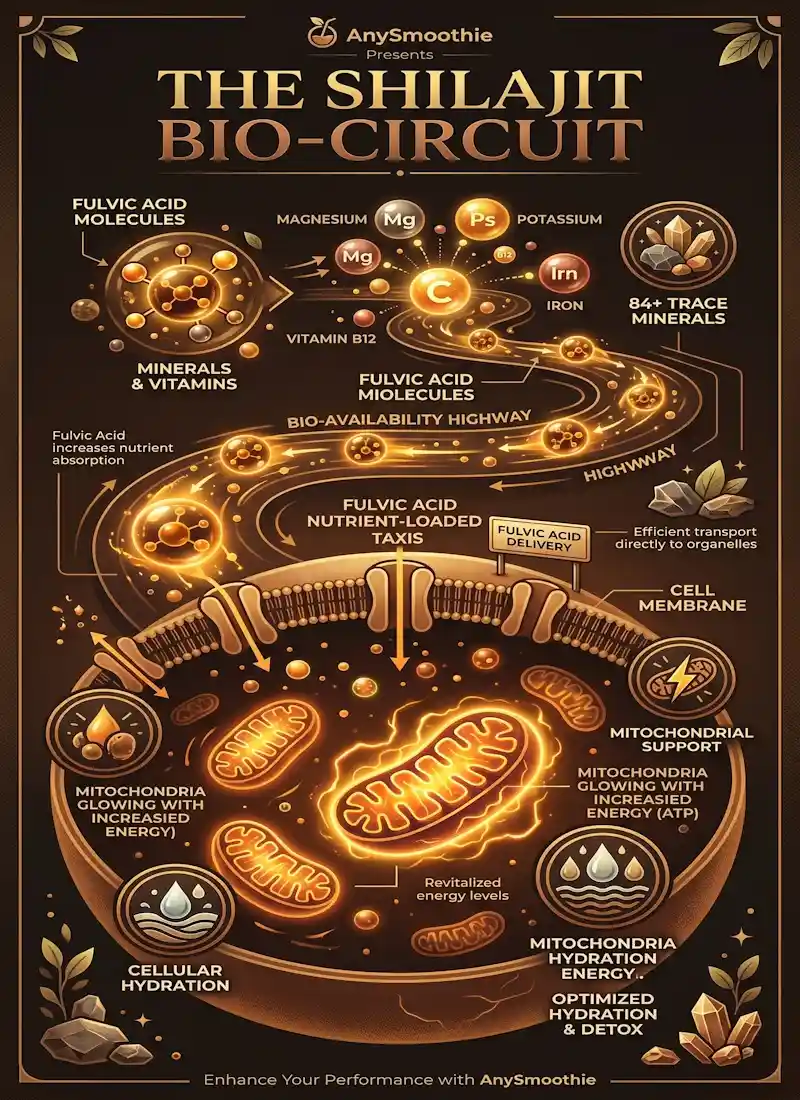 High-resolution infographic for AnySmoothie titled "The Shilajit Bio-Circuit" illustrating how fulvic acid molecules transport 84+ trace minerals through the cell membrane to optimize mitochondrial support and cellular hydration.