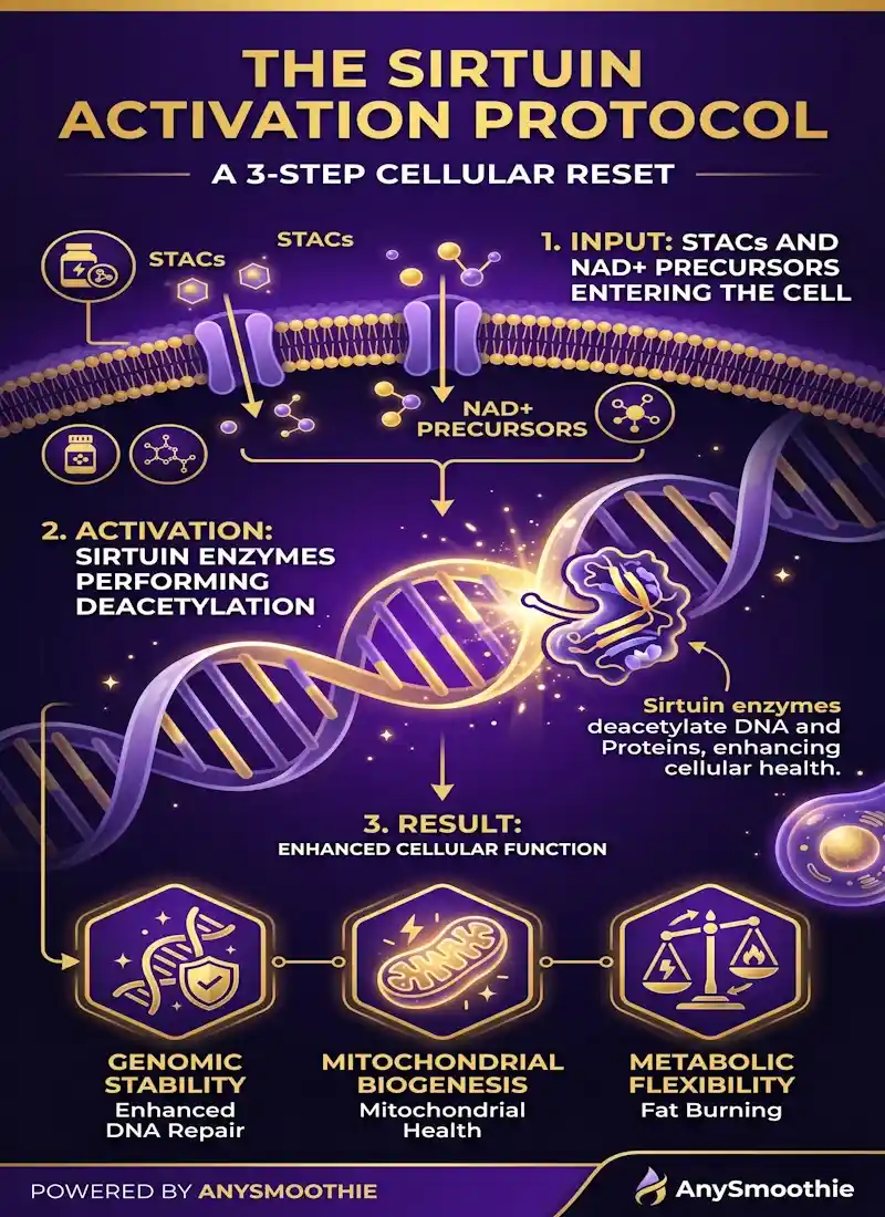 Infographic titled 'The Sirtuin Activation Protocol' by AnySmoothie, detailing the 3-step cellular process: input of STACs and NAD+ precursors, activation of sirtuin enzymes for DNA deacetylation, and optimization of genomic stability, mitochondrial biogenesis, and metabolic flexibility. Style: Royal purple and electric gold.