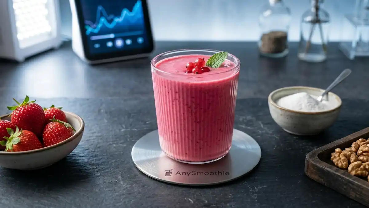 A vibrant pink berry smoothie in a clear glass on an AnySmoothie steel coaster, featuring fresh strawberries, walnuts, and white inositol powder to represent a smoothie for insulin priming and metabolic optimization.