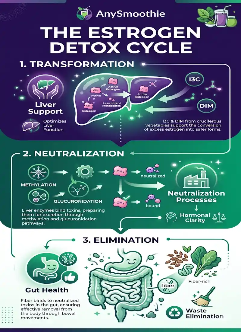 "Professional infographic showing the 3-stage biological process of estrogen detoxification using DIM and I3C compounds in AnySmoothie formulations, featuring liver support, methylation, and gut health elimination pathways."