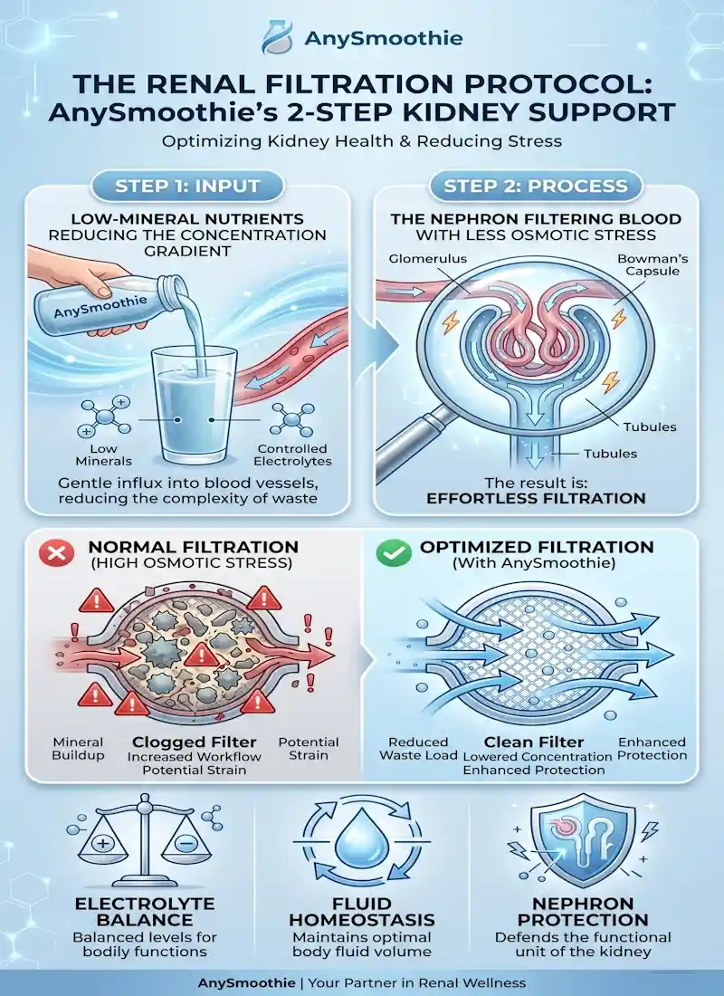 Professional infographic showing The Renal Filtration Protocol by AnySmoothie, explaining how smoothies for kidney health (low phosphorus/potassium) support nephron function and reduce osmotic stress through low-mineral nutrient input.