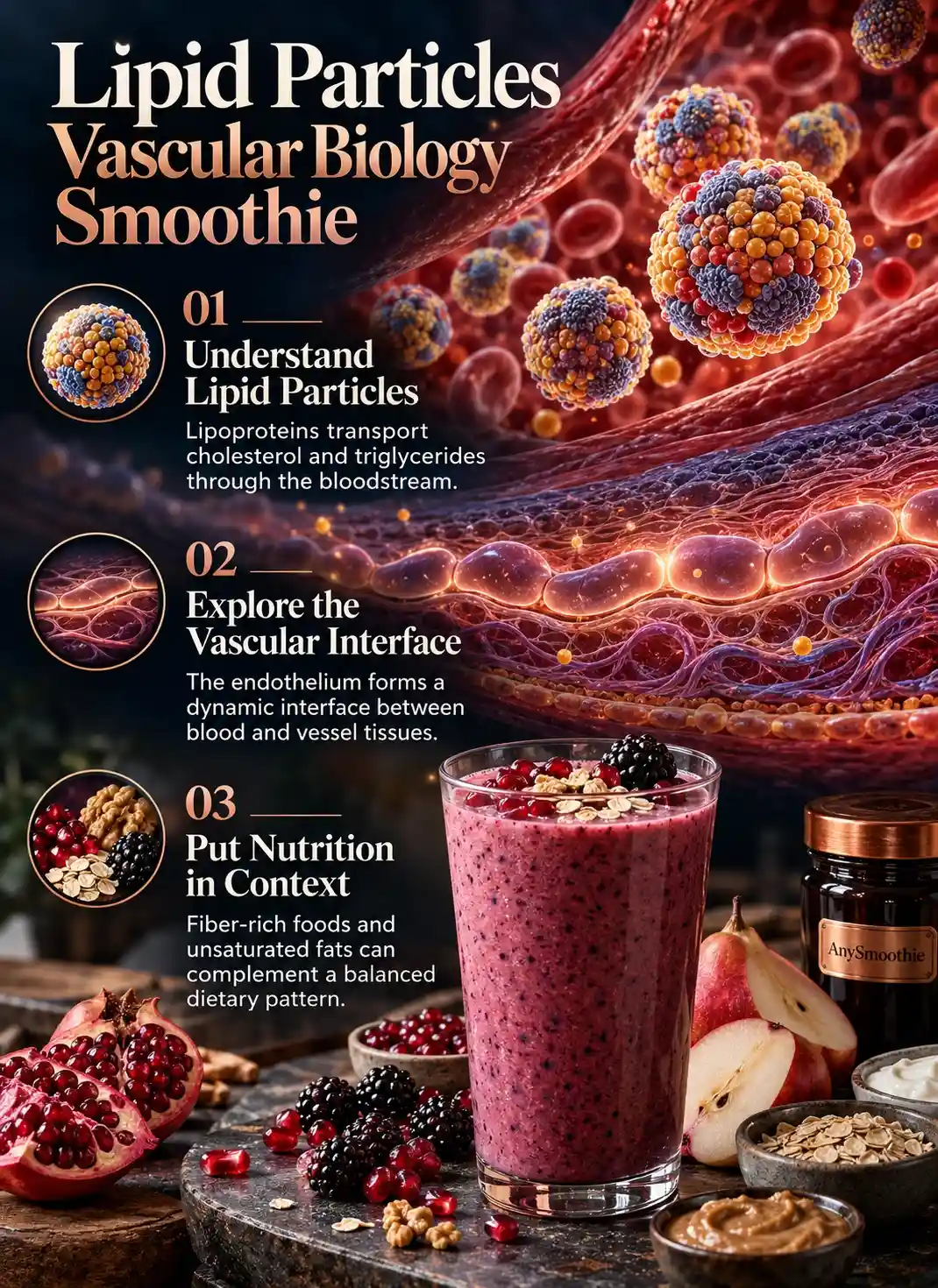 Premium scientific infographic about Smoothies for Lipid Particle biology, illustrating lipoprotein transport through blood vessels, endothelial cell structure, and a berry-pomegranate smoothie with oats, Greek yogurt, and walnut butter.
