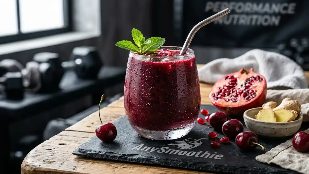 Deep burgundy tart cherry and pomegranate smoothie for post workout DOMS with an anthocyanin focus, served on a slate coaster with AnySmoothie branding.