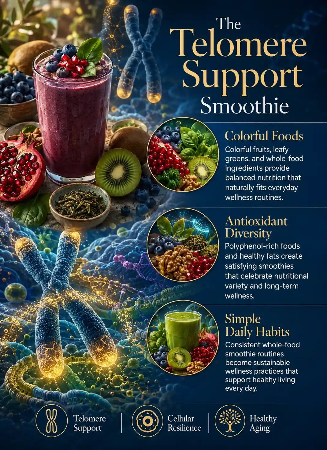 Infographic illustrating smoothies for telomere support with blueberries, pomegranate, spinach, kiwi, walnuts, and green tea, highlighting colorful nutrition, antioxidant diversity, cellular resilience, and healthy aging through whole-food ingredients.