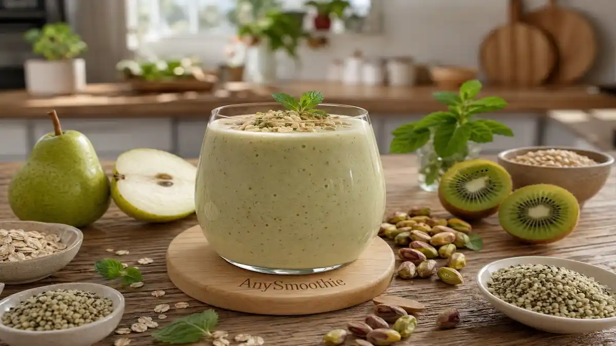 Creamy green pear and pistachio smoothie with kiwi, oats, hemp seeds, and mint on a bamboo coaster in a cozy kitchen setting, representing spermidine smoothies fasting support.
