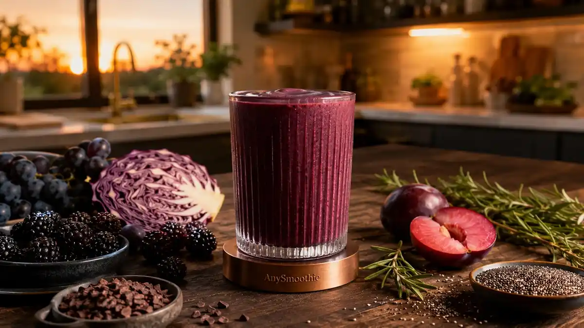 Deep purple blackberry and red grape smoothie in a ribbed crystal glass on a copper coaster with fresh grapes, blackberries, rosemary, chia seeds, and plums during warm sunset kitchen lighting for stilbenoid smoothies foxo3 pathway activation.