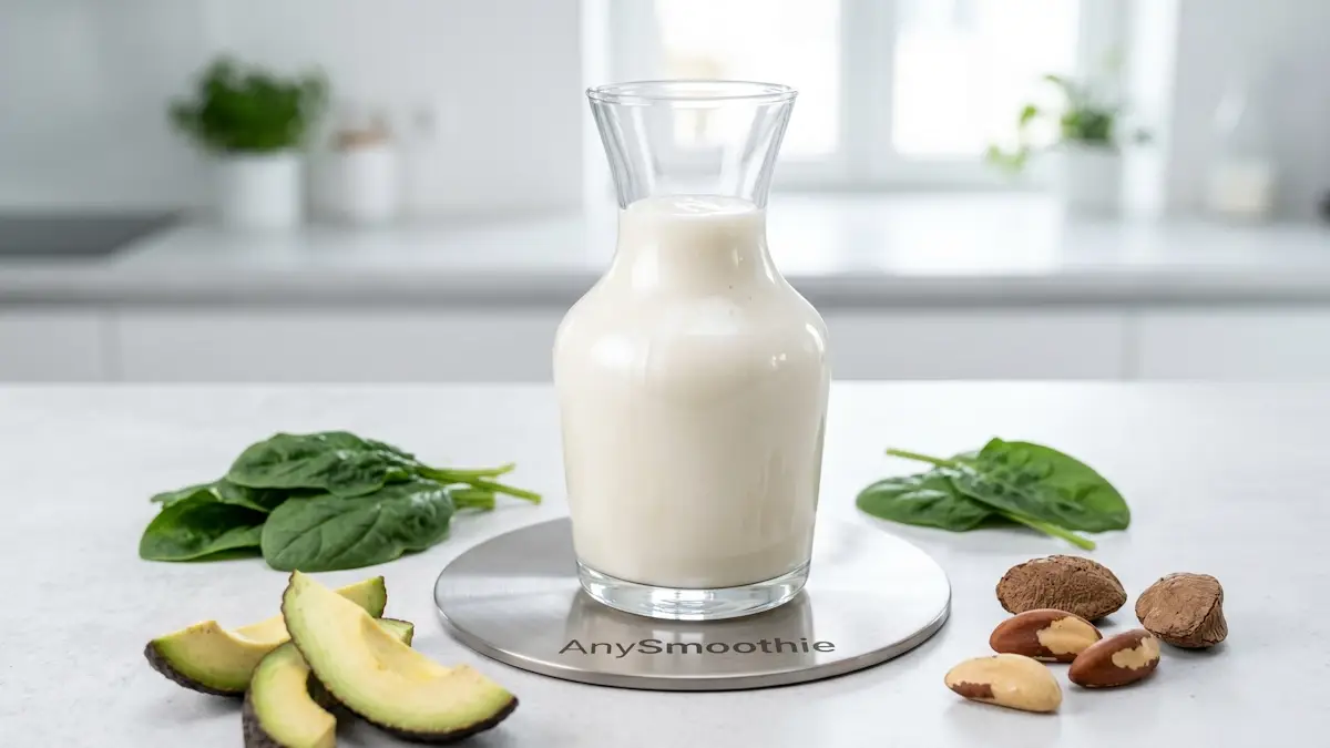 High-performance AnySmoothie featuring liposomal glutathione, avocado, and Brazil nuts, designed to optimize natural pathways and support physiological systems for enhanced antioxidant status.