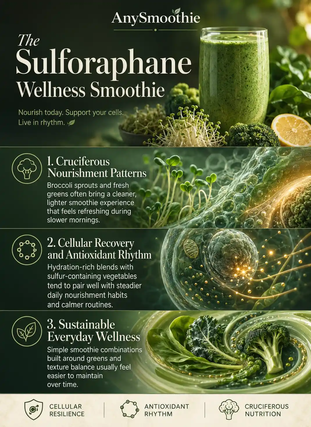 Premium wellness-science infographic showing a sulforaphane smoothie for Nrf2 pathway upregulation with broccoli sprouts, cruciferous greens, antioxidant rhythm visuals, intracellular-inspired biological textures, and cinematic cellular resilience storytelling.