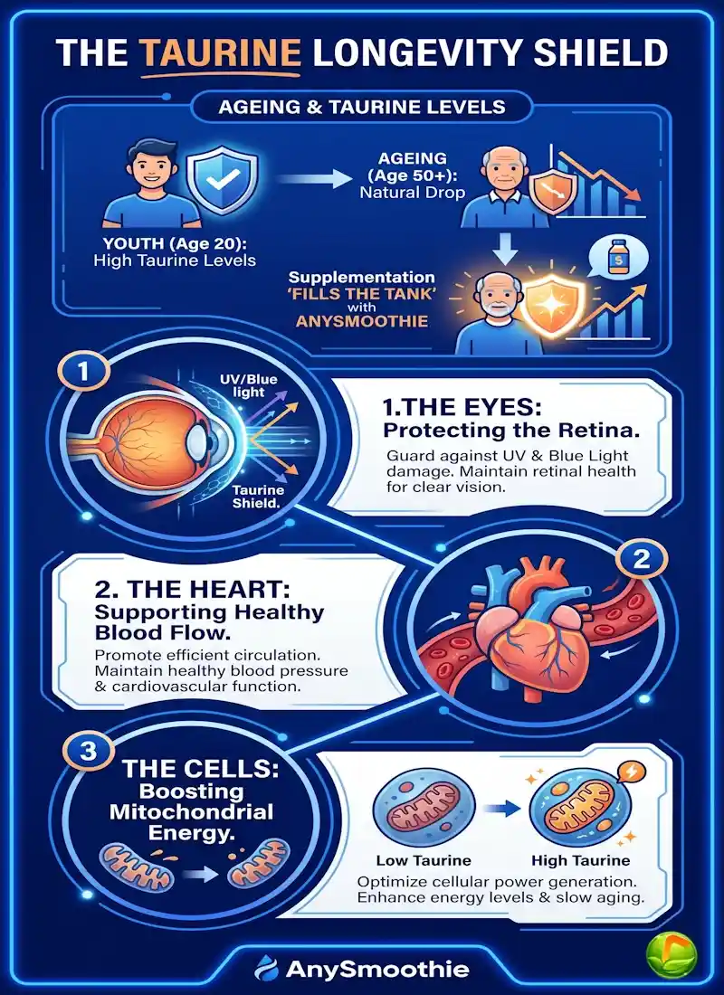 Infographic titled 'The Taurine Longevity Shield' by AnySmoothie, showing how taurine supports eye retina protection, heart blood flow, and mitochondrial energy in cells.