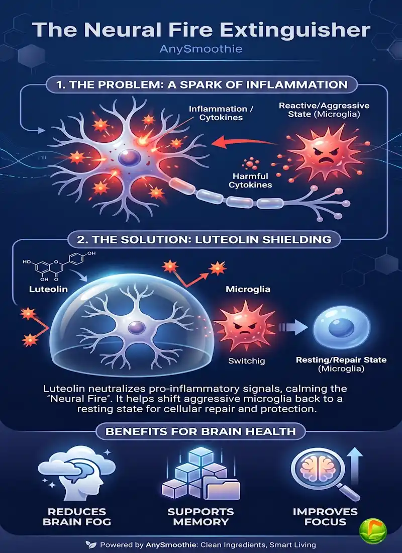Infographic titled The Neural Fire Extinguisher showing how Luteolin smoothies shield neurons from inflammation and switch microglia from a reactive red state to a resting blue repair state.