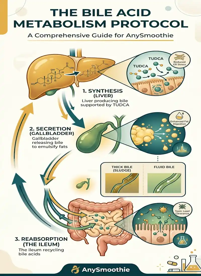 Professional infographic by AnySmoothie showing the Liver-Gallbladder-Gut loop and the role of TUDCA smoothies for bile acid metabolism. Visual representation of bile synthesis in the liver, fat emulsification in the gallbladder, and recycling in the ileum with ochre yellow and deep teal clinical style.