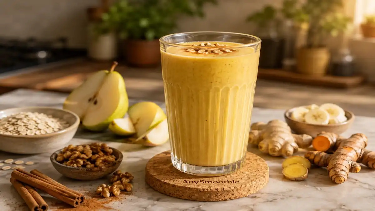 Golden turmeric smoothie with pear, ginger, oats, walnuts, banana, and cinnamon in a ribbed café glass on a cork coaster, inspired by TUDCA smoothies cellular stress resilience.