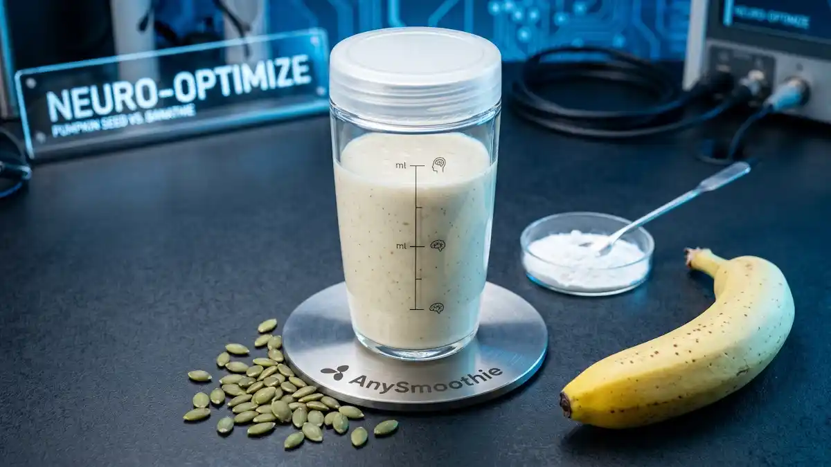 A high-contrast, minimalist glass shaker filled with an ivory-colored pumpkin seed and banana smoothie on a laser-etched AnySmoothie titanium coaster. The shot features raw pumpkin seeds, a ripe banana, and a petri dish with pure L-tyrosine powder under crisp, electric-blue laboratory lighting to represent a specialized tyrosine smoothie for catecholamine precursor support.
