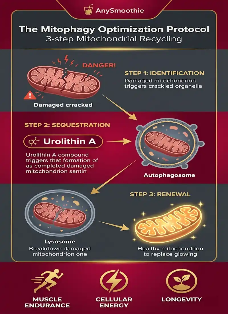 Professional vertical infographic for AnySmoothie titled 'The Mitophagy Optimization Protocol' illustrating the 3-step mitochondrial recycling process: identification of damaged organelles, sequestration via Urolithin A-triggered autophagosomes, and renewal into efficient mitochondria to support cellular energy and muscle endurance.