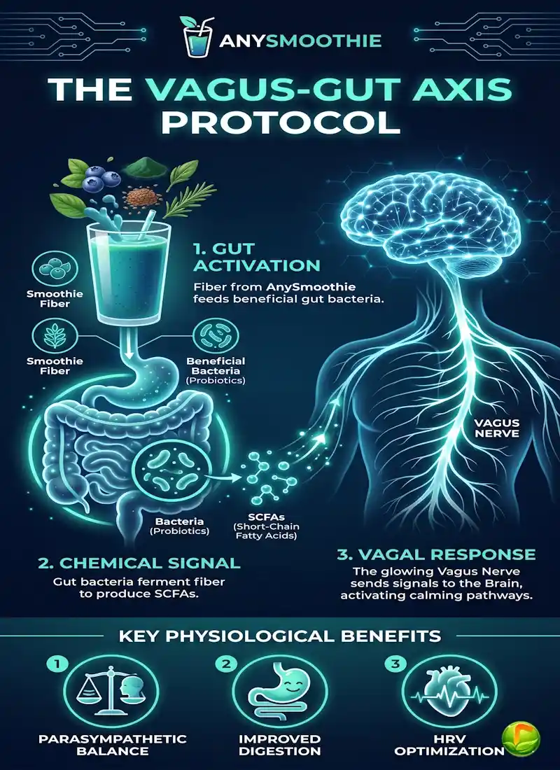 A professional vertical infographic titled 'The Vagus-Gut Axis Protocol' by AnySmoothie, detailing the 3-step biochemical process of gut activation, SCFA chemical signaling, and vagal response for vagus nerve optimization.