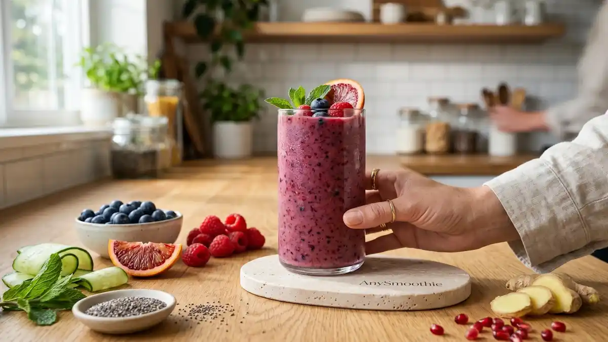 Vibrant mixed-berry and citrus smoothie in an artisan glass on an engraved AnySmoothie travertine coaster, showcasing premium ingredients for plant exosome smoothies and cellular communication on a natural oak countertop.