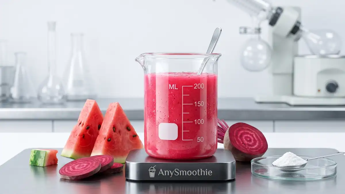 Studio shot of a pink watermelon and beet smoothie in a laboratory beaker with citrulline malate powder, representing the ammonia clearance pathway support through systemic-flush and metabolic precision.