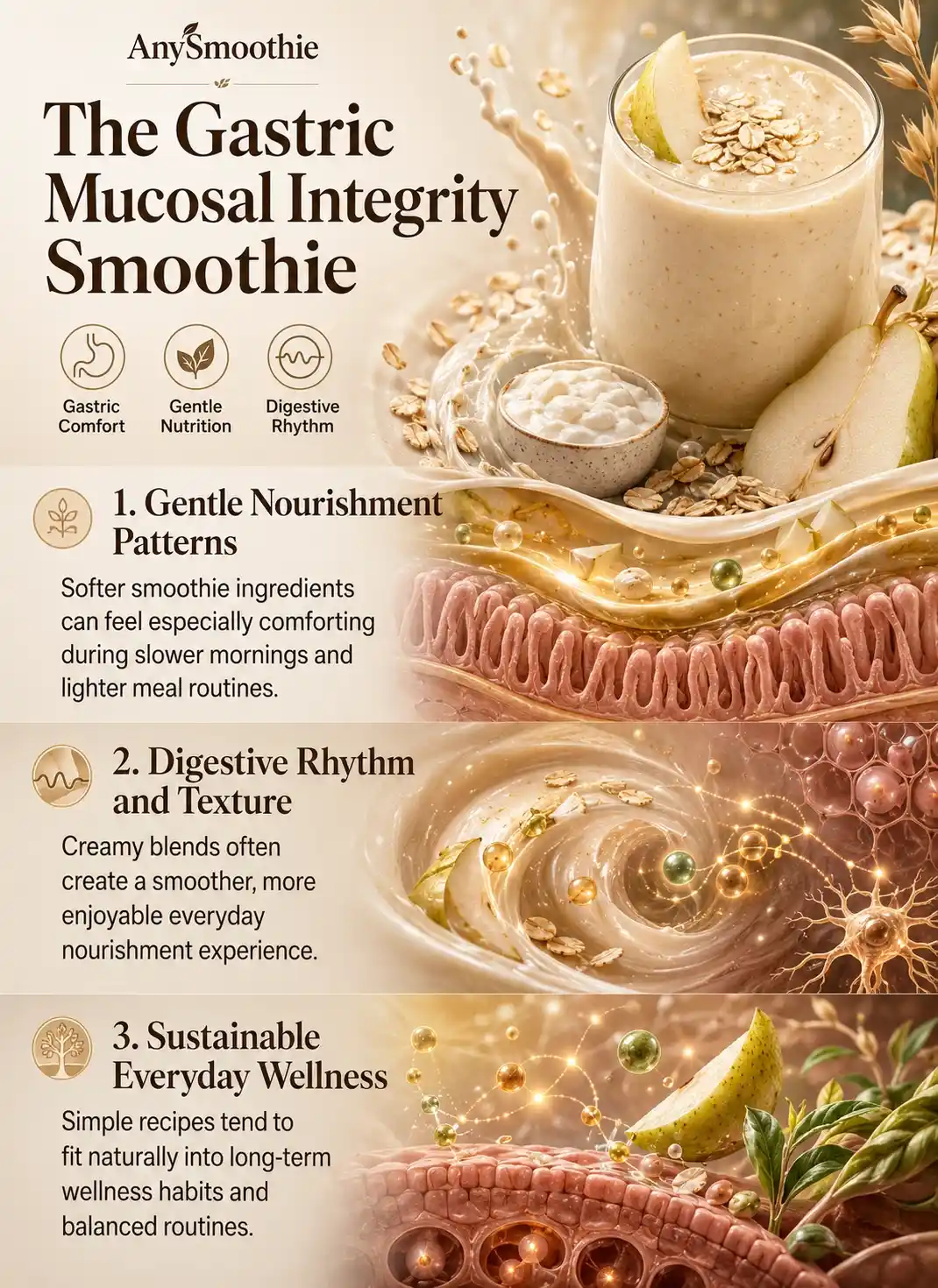 Zinc carnosine smoothie for gastric mucosal integrity infographic featuring oat-based smoothie ingredients, digestive comfort visuals, gastric lining inspired wellness-science illustrations, and sustainable nourishment habits for digestive wellness support.