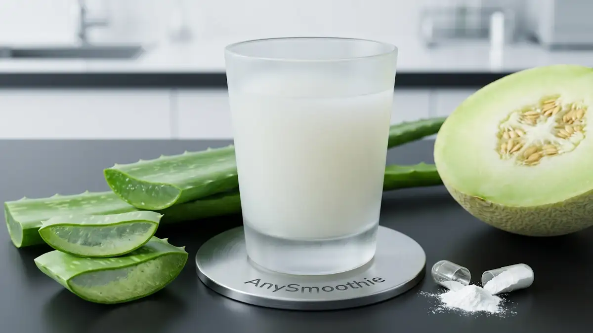 High-performance AnySmoothie shot featuring a pale translucent-white smoothie in a frosted glass with laser-etched logo, including fresh aloe vera, melon, and zinc carnosine powder to demonstrate the biochemical support of gastric mucosal integrity.
