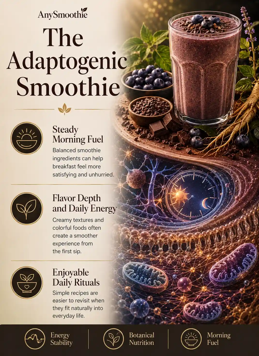 Premium wellness-science infographic about adaptogenic smoothies for energy stability featuring blueberry, cacao, and botanical ingredients, circadian-inspired biological visuals, balanced morning nourishment, energy stability concepts, and sustainable daily wellness habits.