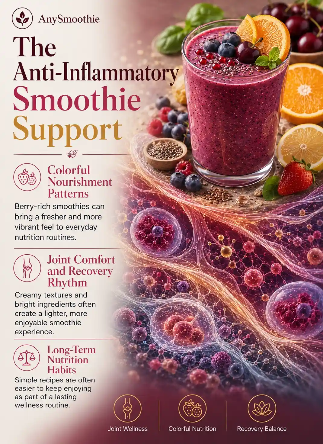 Premium wellness-science infographic featuring a berry, cherry, and citrus smoothie with colorful whole-food ingredients, connective-tissue-inspired biological imagery, and restorative nourishment visuals, illustrating anti-inflammatory smoothies for arthritis nutrition support through sustainable nutrition habits and balanced wellness routines.