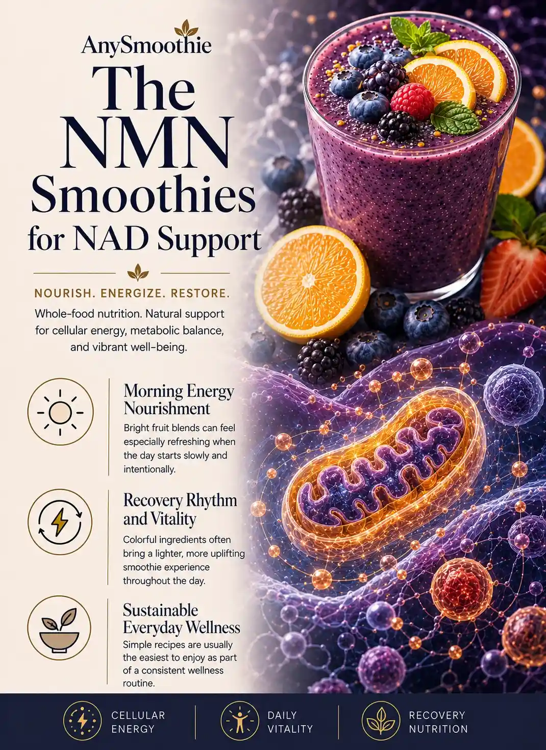 Premium wellness-science editorial infographic for nmn smoothies for nad support featuring berry and citrus smoothie nutrition, cellular energy wellness, daily vitality nourishment, and cinematic mitochondrial-inspired biological visuals.