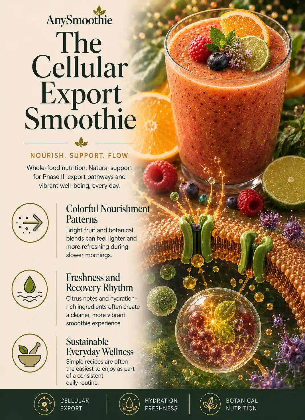 Premium wellness-science editorial infographic for phase iii export smoothies for xenobiotic efflux featuring citrus and botanical smoothie nutrition, hydration-focused wellness, colorful whole-food nourishment, and cinematic cellular export-inspired biological visuals.