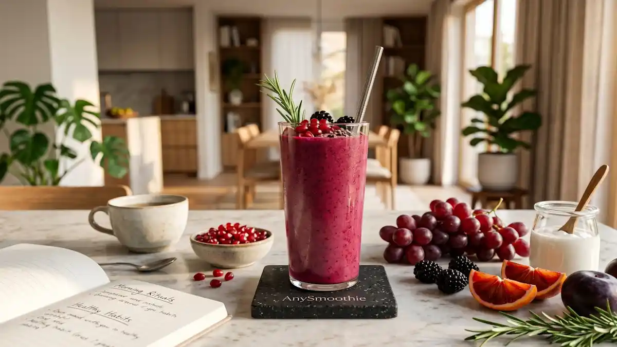 A vibrant pomegranate-grape smoothie on a black terrazzo coaster with the AnySmoothie logo, surrounded by fresh ingredients like blood orange and rosemary, showcasing NMN smoothies for NAD support.