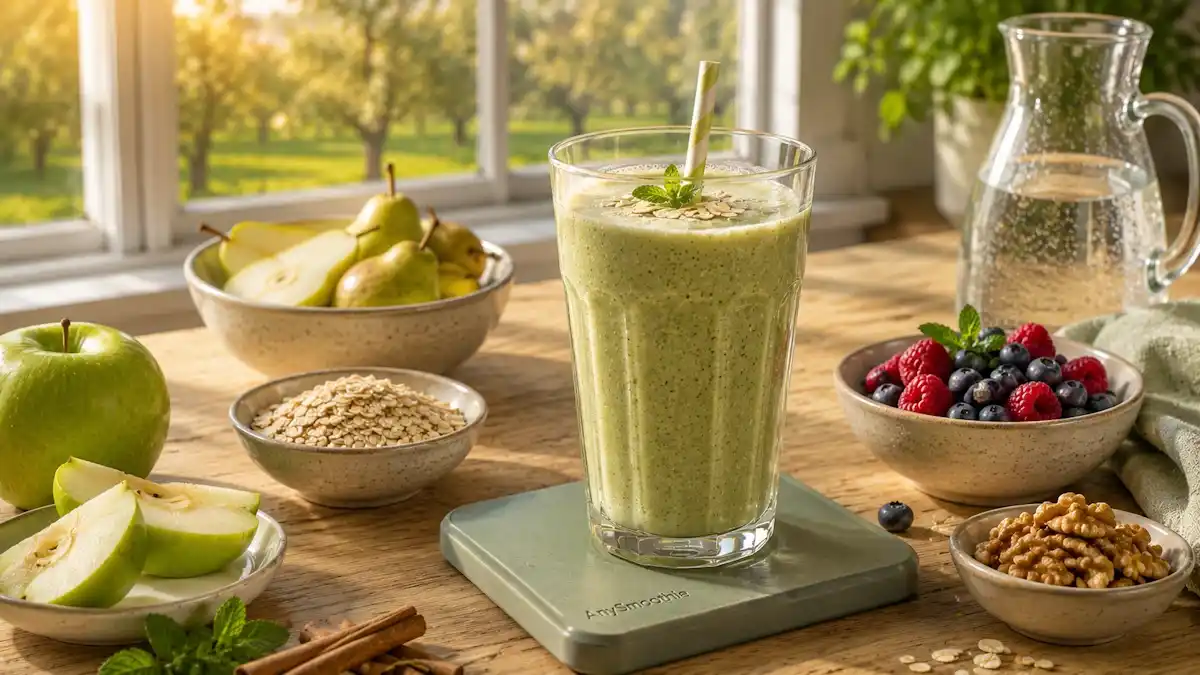 Green apple and pear smoothie with oats, berries, and walnuts in a breakfast kitchen, illustrating apple polyphenol smoothies for microbiome balance.