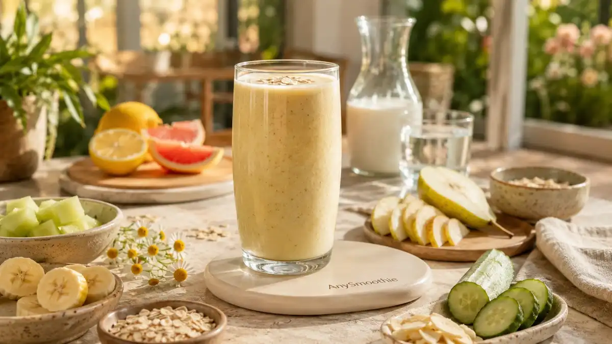 Creamy banana, pear, and melon smoothie served on a ceramic coaster in a bright breakfast sunroom, illustrating ingredients often discussed when asking are smoothies good for acid reflux and digestive comfort.