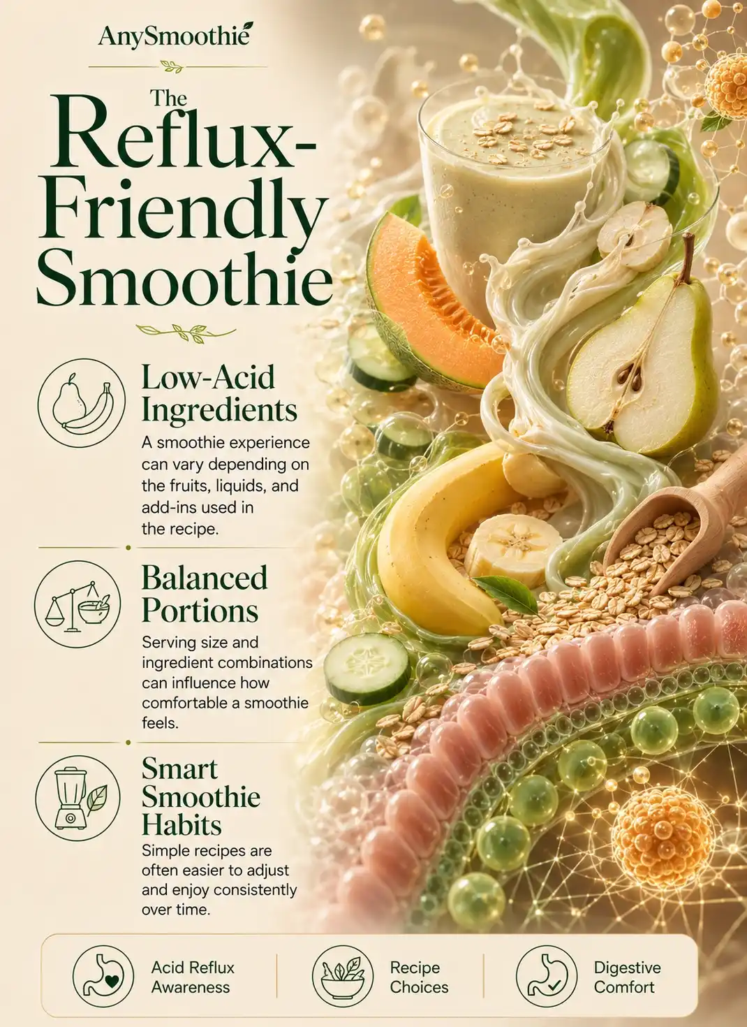 Are smoothies good for acid reflux infographic featuring low-acid ingredients, balanced smoothie portions, smart smoothie habits, banana, pear, melon, cucumber, and digestive comfort concepts in a premium wellness-science design.