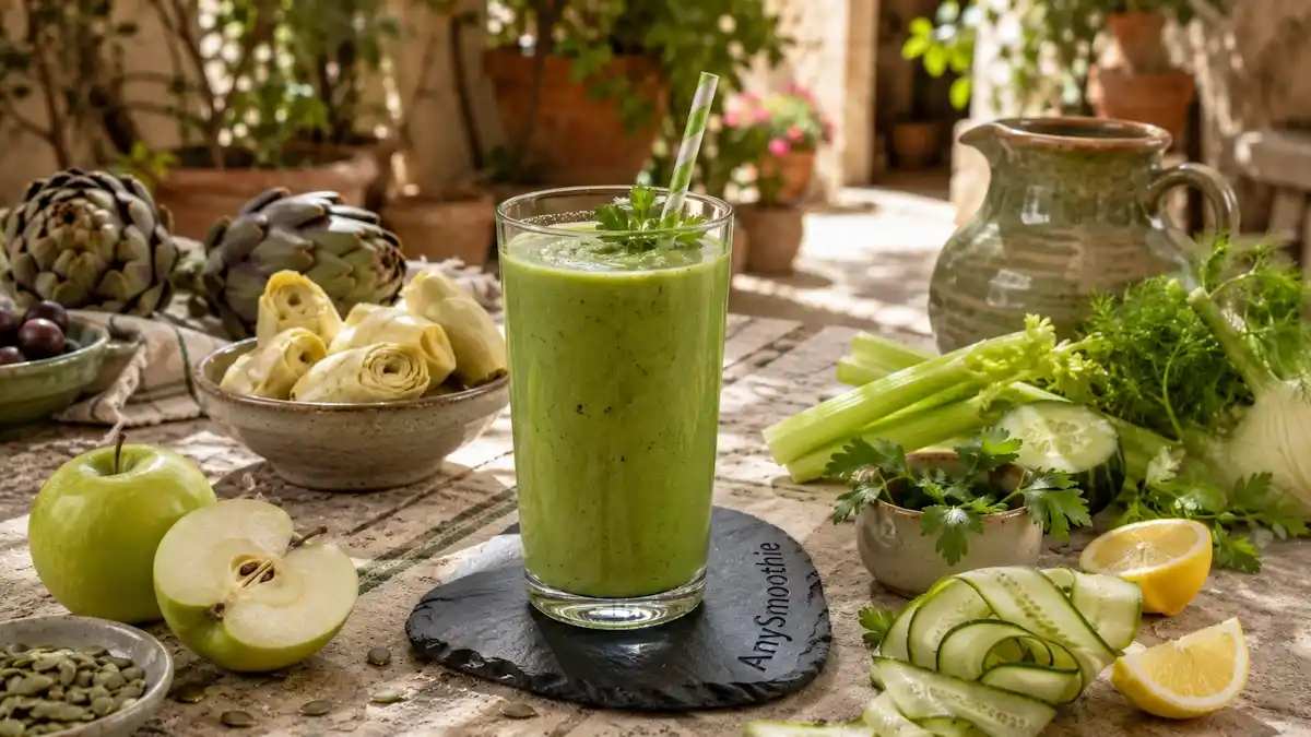 Green apple and artichoke smoothie with cucumber, parsley, celery, fennel, lemon, and pumpkin seeds on a rustic Mediterranean table, representing artichoke smoothies for healthy bile flow.