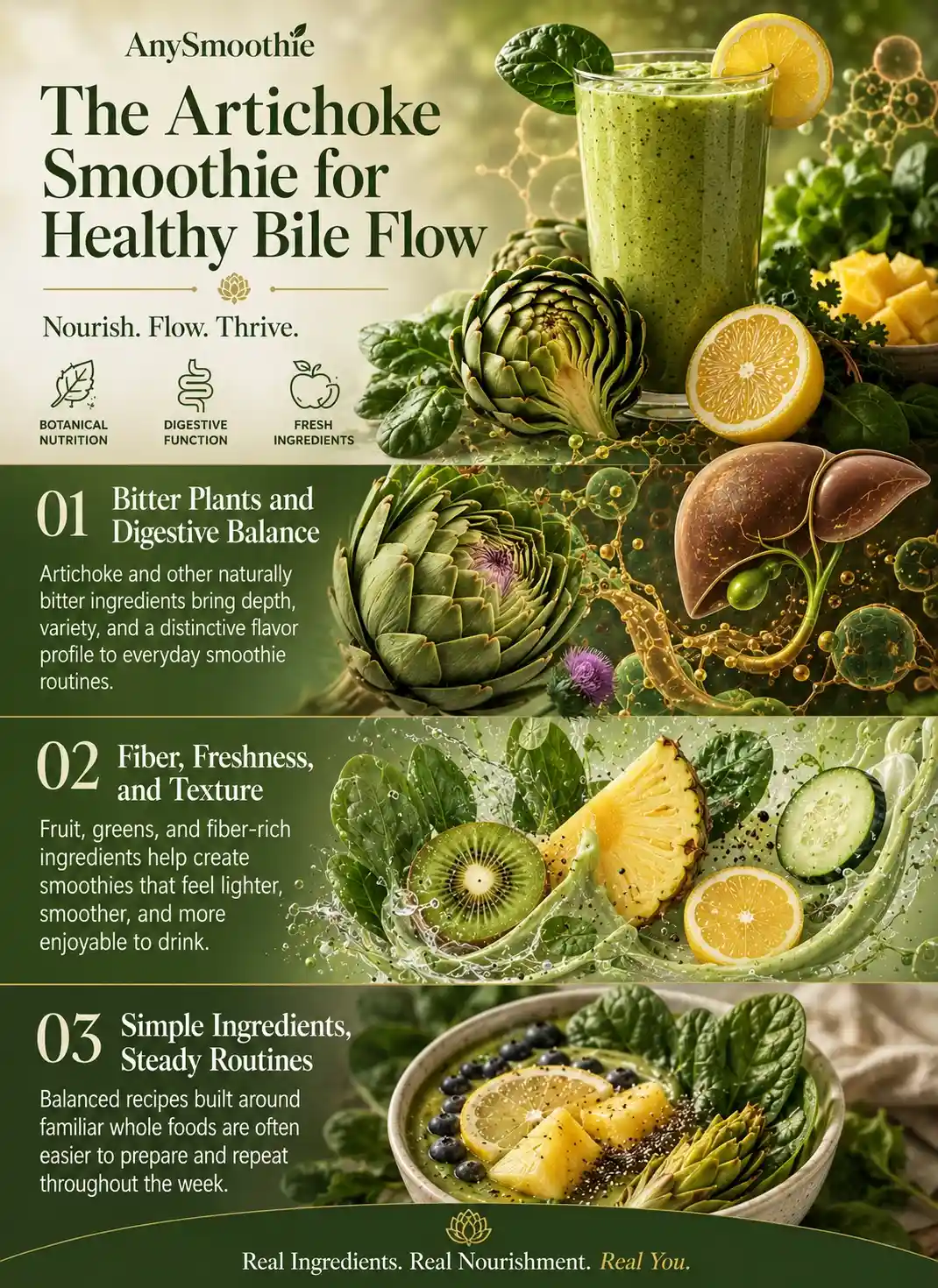 Premium wellness infographic showing artichoke smoothies for healthy bile flow, featuring artichokes, leafy greens, citrus fruits, digestive wellness concepts, fiber-rich ingredients, and healthy smoothie nutrition habits.