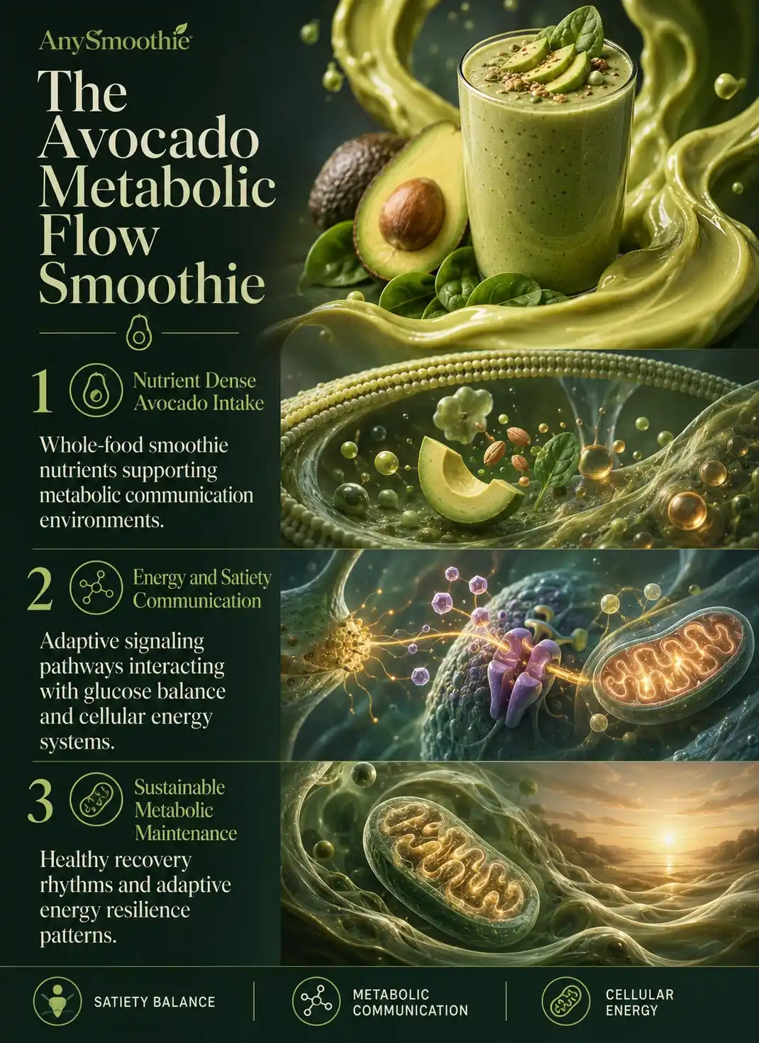 Premium wellness-science infographic for the avocado mannoheptulose metabolic flow smoothie featuring avocado-based metabolic communication, satiety balance systems, cellular energy resilience, and nutrient-dense smoothie nutrition in a cinematic biological editorial design.