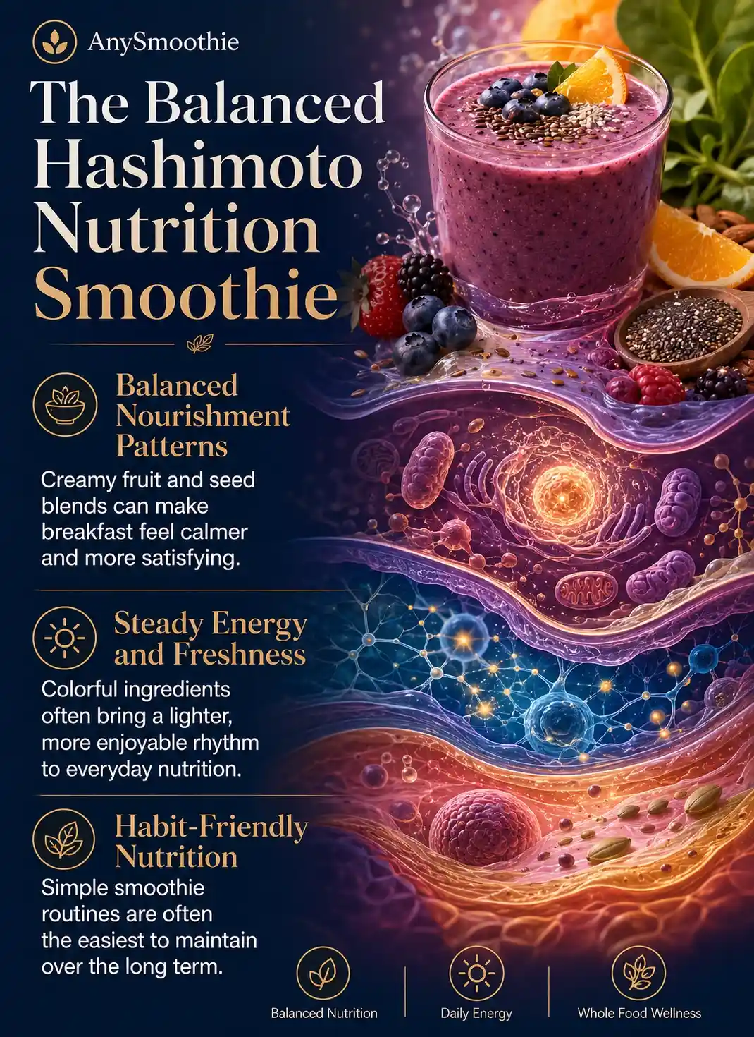 Premium wellness-science infographic featuring a berry smoothie with whole-food ingredients, balanced nourishment patterns, steady energy support, and sustainable daily habits, illustrating balanced smoothies for hashimoto nutrition routines through elegant biological-inspired wellness imagery.