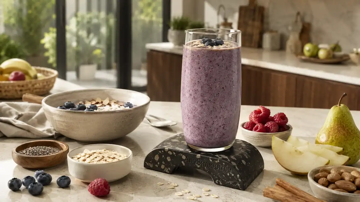 Creamy blueberry oat smoothie with oats, chia seeds, Greek yogurt, almonds, and fresh berries in a modern kitchen, illustrating balanced smoothies for prediabetes nutrition routines.