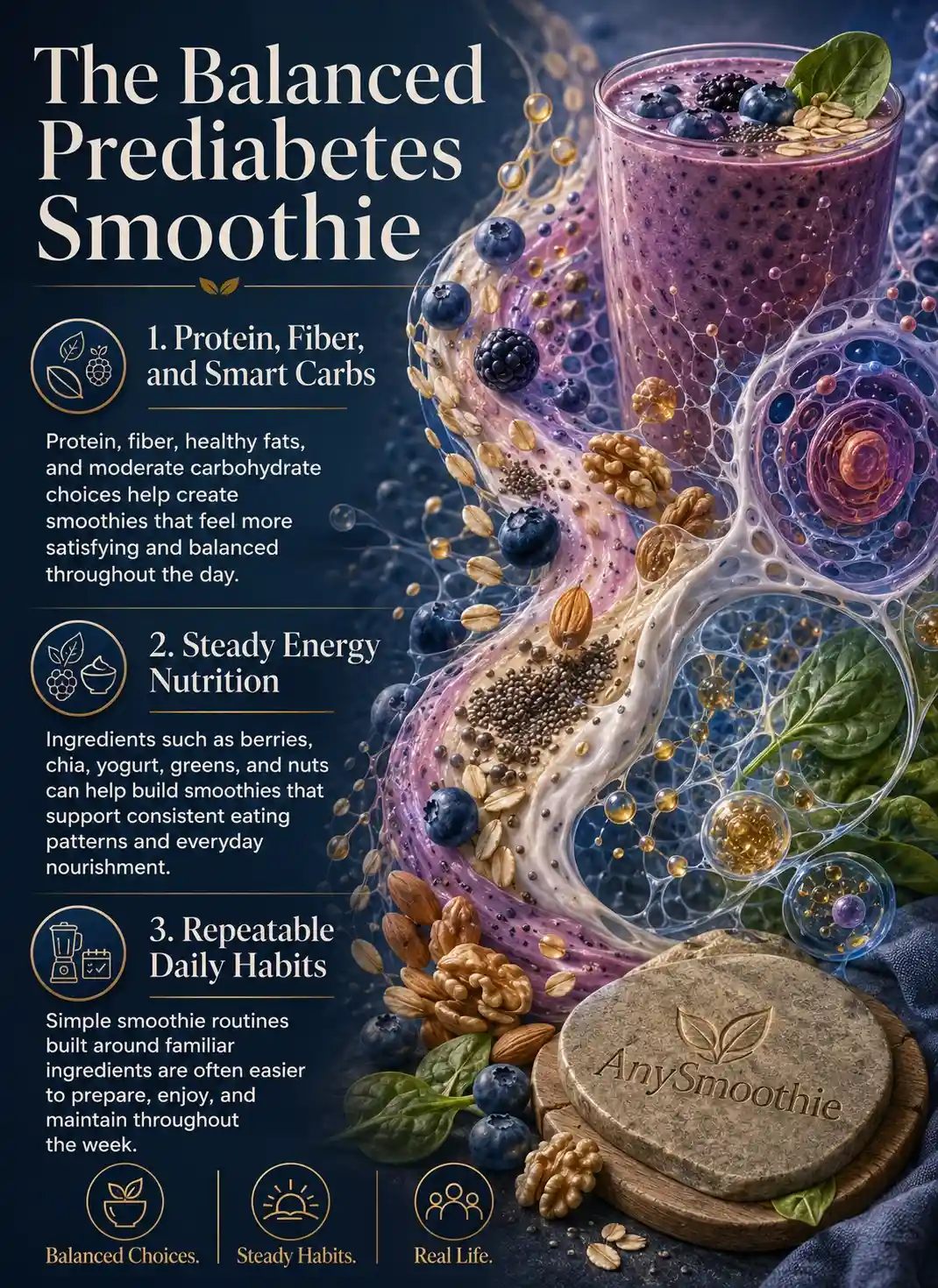 Balanced smoothies for prediabetes nutrition routines infographic featuring protein, fiber, healthy fats, smart carbohydrates, berries, oats, chia seeds, yogurt, greens, and nuts in a premium wellness-science editorial design focused on steady energy nutrition and sustainable daily habits.