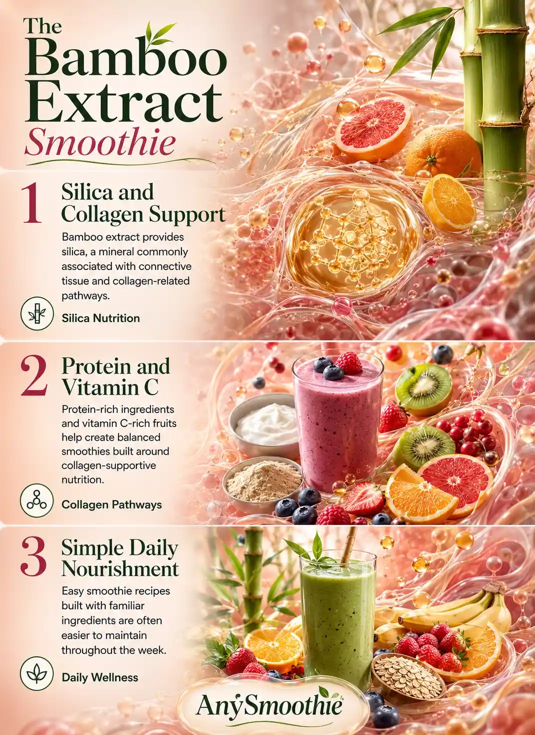 Bamboo extract smoothies for collagen synthesis infographic featuring silica-rich bamboo extract, vitamin C-rich fruits, protein ingredients, collagen-supportive nutrition concepts, and daily smoothie wellness habits.