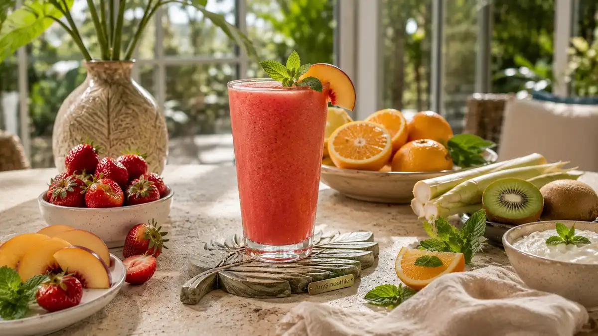 Bamboo extract smoothies for collagen synthesis featuring a strawberry peach smoothie with citrus fruits, kiwi, Greek yogurt, mint, and bamboo shoots in a bright botanical atrium setting.