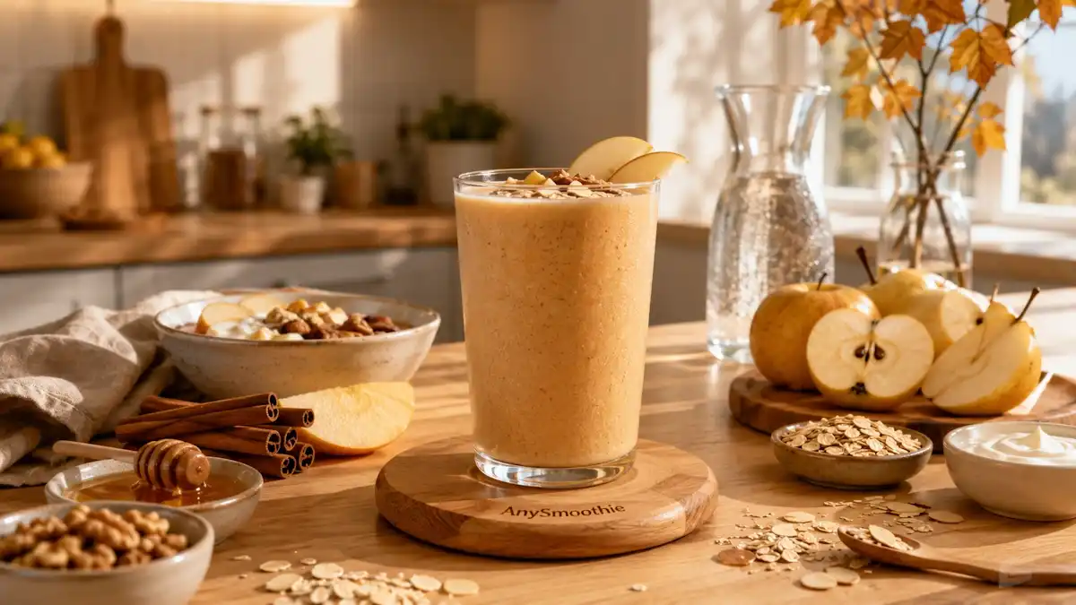 Benfotiamine smoothies for glycation balance featuring a creamy golden apple cinnamon smoothie in a transparent glass on an oak wood coaster with fresh apples, oats, walnuts, yogurt, and cinnamon in a bright wellness kitchen.