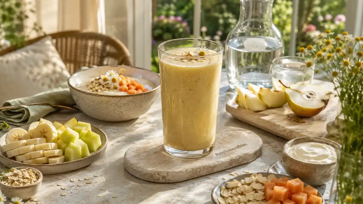 Creamy banana pear melon smoothie in a clear glass on a travertine coaster with fresh fruit, oats, yogurt, chamomile, and almonds, illustrating the best ingredients for acid reflux smoothies.