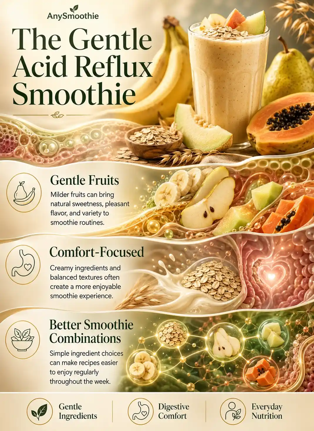 Infographic showing the best ingredients for acid reflux smoothies, featuring banana, pear, melon, papaya, oats, digestive comfort nutrition concepts, gentle smoothie combinations, and reflux-friendly ingredient selection for everyday nourishment.
