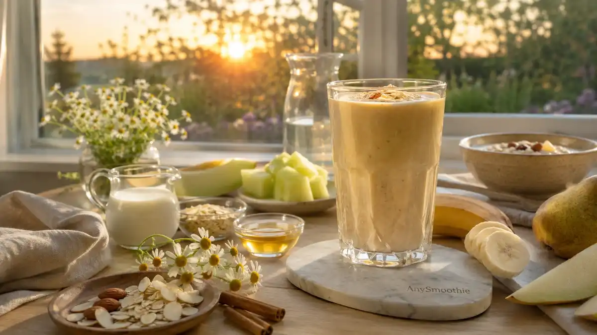 Creamy banana oat pear smoothie served in a tall glass on a marble coaster during sunrise breakfast, featuring gentle ingredients often included in discussions about the best morning foods and smoothies for GERD.